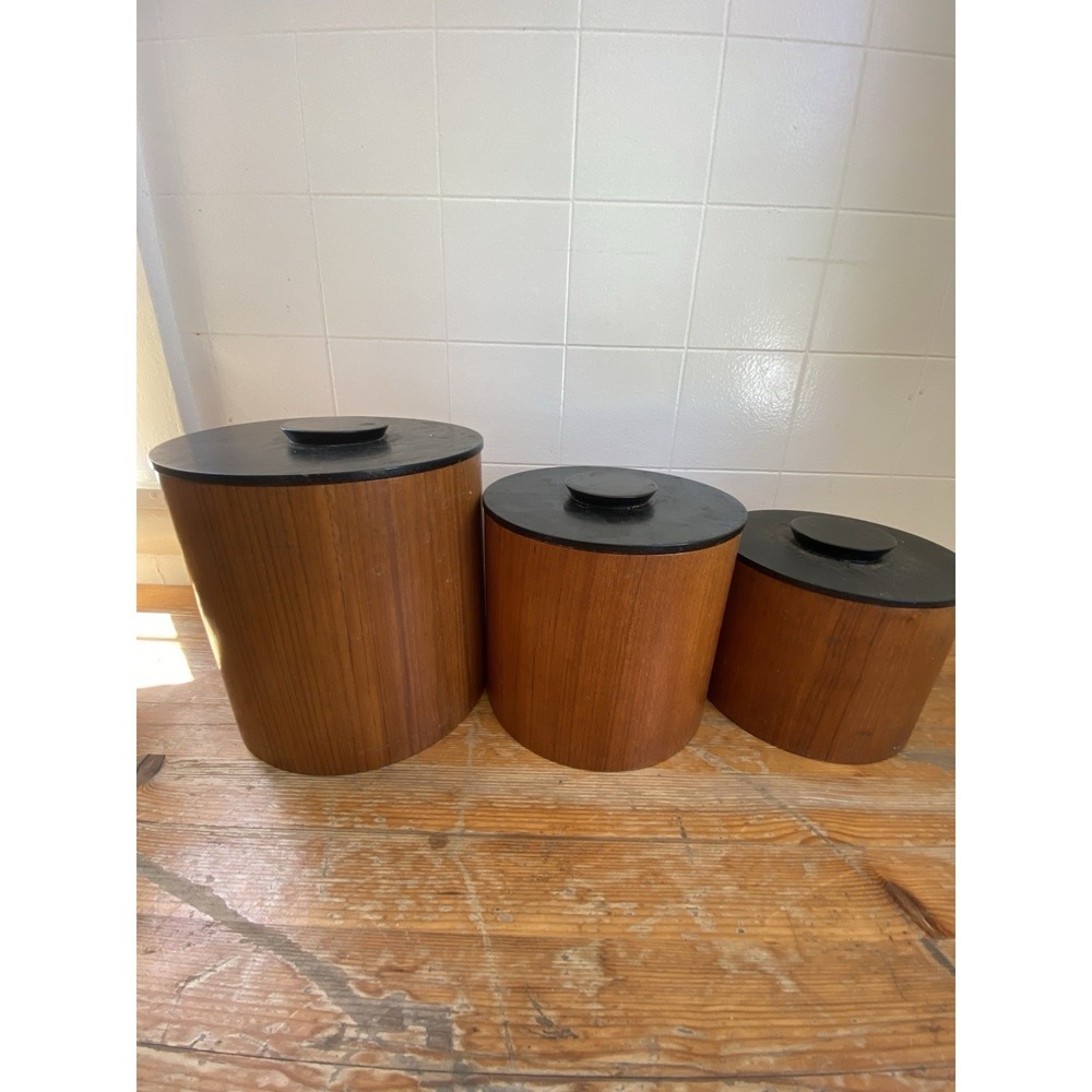 Three Vtg Danish MCM Mid Century Teak Nesting Canisters W/ Black Lids Japan